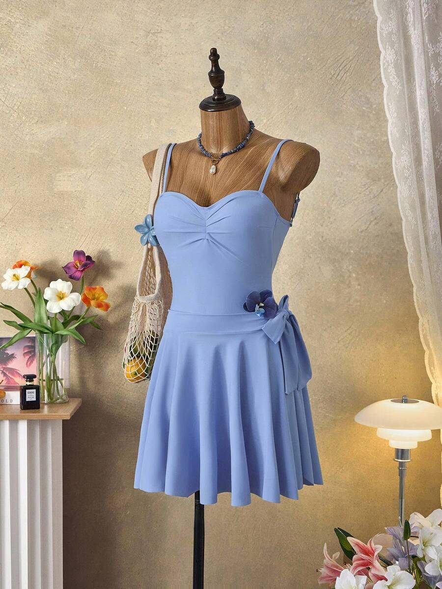 Bellisia Maiô feminino azul fofo e sedutor com saia e saída de praia para férias de verão