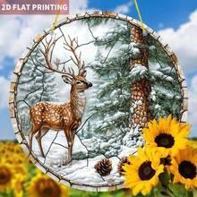 2D Flat, 2D Flat 1 Piece Winter Deer Catcher, 19.99x19.99 Cm Round Acrylic Logo, Stained Glass Style Window Pendant, Quiet Winter Wonderland Atmosphere, Suitable For Home, Office, Living Room, Christmas Gifts, 2D Flat Home Decor Christmas Decorations Room Decor