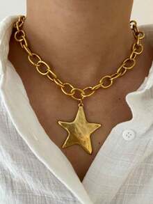 1 pieza Collar con colgante de estrella de mar de verano con cadena gruesa, adecuado para uso diario, fiestas, vacaciones y viajes de las mujeres (tratamiento de superficie de joyería desgastada) - Amarillo Oro - Ver 11