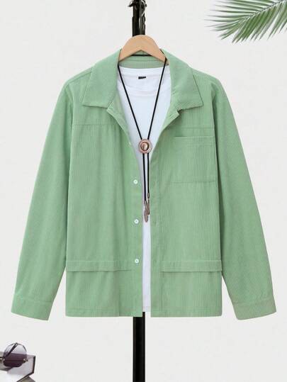 Men's Casual Solid Color Button-Up Long Sleeve Shacket, Autumn/Winter