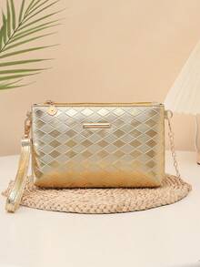 Bolso de hombro y bandolera de cadena de unicolor minimalista con relieve de PU dorado - Dorado - Ver 7