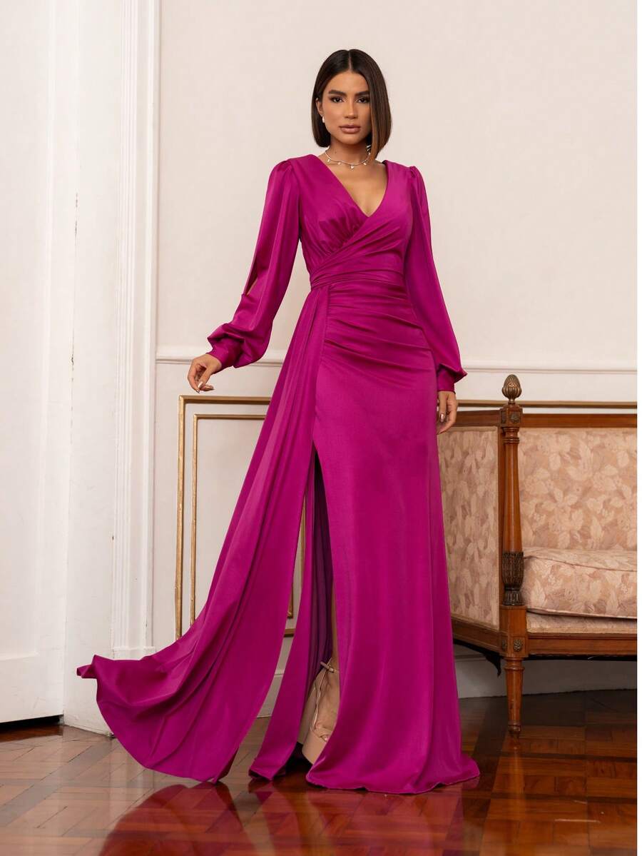 Long Slit Dress Bridesmaid Wedding Party Birthday Party Graduation Party Cocktail Formal And Evening Wedding Guest Prom - Màu Hoa hồng đỏ - Xem 1