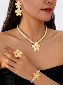 2pcs/5pcs Set Floral Necklace, Earrings, Bracelet, Ring Metal 5-Petal Flower Jewelry Set For Women, Graceful & Sweet
