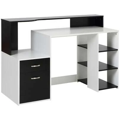  HOMCOM Computer Desk With Drawers And Storage Shelves, Office Desk Writing Table With Printer Stand, Large Workstation For Study Play Work Home Office, 137 X 55 X 92cm, Black And White