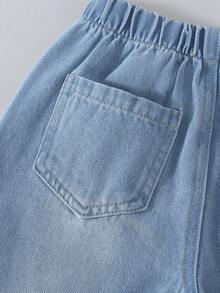 1件装 少女休闲简约日常白色花瓣边饰浅蓝色水洗牛仔裤，秋冬新款