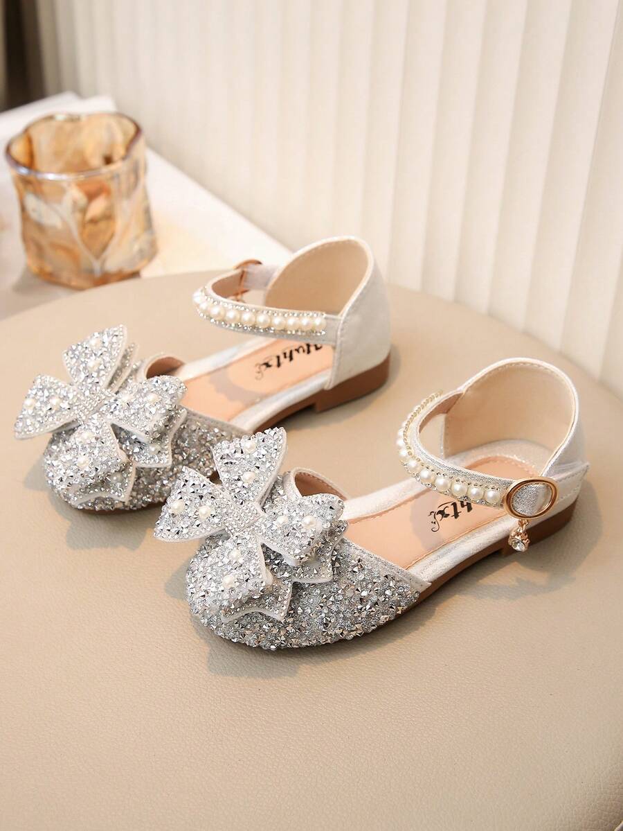 1 Pair Baby Girls' Princess Bow Rhinestone Teddy Bear Sandals, Casual Versatile Flat Open Toe Beach Sandals, Suitable For Toddler/Little Kid/Big Kid