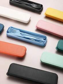 1 Set/8 Sets Portable Plastic Striped Cutlery Set, Camping Tableware, Reusable Spoon & Fork Set With Storage Box, Suitable For Picnics & Daily Use,Kitchen,Christmas Gift Back To School,School Supplies - 彩色 - 查看 5