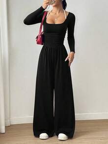 Women's Casual Pleated Loose Straight Jumpsuit - Black - View 6