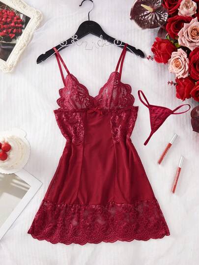 Ning xue yan ying Piece Set Of Wine Rood Verleidelijke Spaghetti Strap Bow ation,Backless Suspender Dress,Spaghetti Strap,Mesh Sleeping, ,Bridal Lingerie, Lingerie Dress Rave view 7