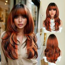 7JHH WIGS Glam 24-Inch Flame Orange Black Ombre Long Layered Wig With Bangs For Women, Dark Roots Soft Heat-Resistant Fiber Full Machine Synthetic Straight Hair Wigs For Party Cosplay Halloween Wear, Music Festivals Celebrations Use - 橘色 - 查看 12