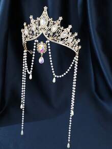 1 chiếc vương miện tua rua phong cách Baroque dành cho nữ, phụ kiện đội đầu thanh lịch đính ngọc trai giả, vương miện nữ thần, phụ kiện trang phục cổ điển màu đen, phụ kiện ngày Valentine, phụ kiện tóc cưới. - Vàng - Xem 5