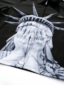 Men's Streetwear Liberty Statue Printed Casual Zip Up Jacket With Portrait All Over Print, Spring Autumn Outerwear, Long Sleeve, Suitable For Daily Wear, Going Out, School, Friends Gathering. Can Be Used As A Gift For Boyfriends And Friends, Grunge - 黑色 - 查看 5