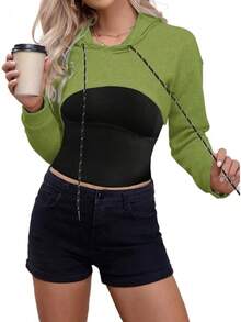 Women Crop Top Pullover Sweatshirt Long Sleeve Drawstring Hoodie - 軍綠色 - 查看 6