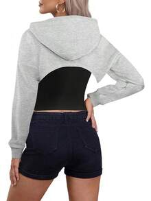 Women Crop Top Pullover Sweatshirt Long Sleeve Drawstring Hoodie - 灰色-a - 查看 2
