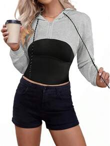 Women Crop Top Pullover Sweatshirt Long Sleeve Drawstring Hoodie - 灰色-a - 查看 3