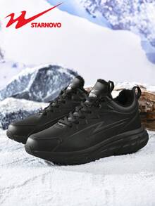 STARNOVO Plus Size Black Fleece Casual Sports Shoes, Warm Leather Upper Men's Shoes, Lightweight, Fashionable, Comfortable Breathable Soft Sole, Suitable For Casual And Running