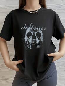 Camiseta Gráfica Calavera Camisa de T con estampado digital de 220 gramos Estilo Rock gótico 1 unidad de 100% algodón puro Camiseta holgada Camisa de T casual de manga corta para mujer de talla grande - Negro - Ver 1