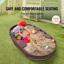 Sandbox With Cover, 72 X 41.5 X 9.1 In Oval Sand Box, HDPE Sand Pit With 4 Corner Seating And Bottom Liner, Kids Sandbox For Outdoor Backyard, Beach, Park, Gift For Boys Girls Ages 3-12, Brown - Brown - View 3