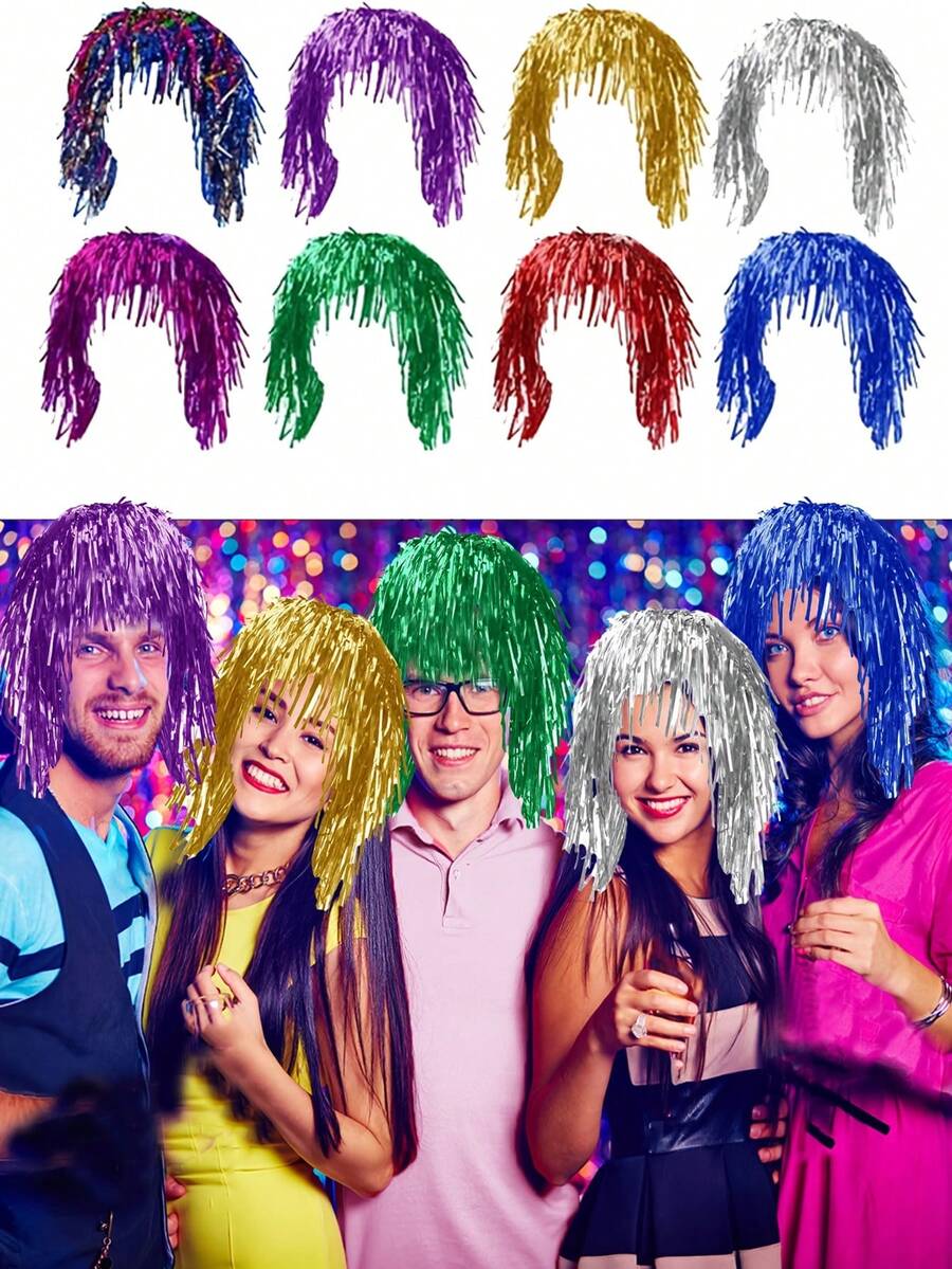 闪闪发光的锡箔假发，适合万圣节和圣诞节的闪亮派对假发，闪闪发光的派对假发，非常适合化妆舞会、订婚舞会、毕业舞会、闪闪发光的派对假发、金属服装和角色扮演道具。