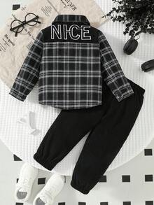 2pcs Young Boy Plaid Collar Patchwork Letter Embroidery Shirt + Black Pocket Pants Outfit Set - Multicolor - View 2