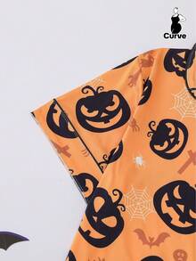 2 件亡灵节/万圣节骷髅印花加大码女式睡衣套装，短袖翻领纽扣上衣和松紧腰短裤，漂亮时尚的日常服装，节日睡衣派对服装，休闲家居和户外家居服