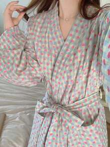1Pc Women's New Style Kimono Robe, Korean Minimalist Comfy Sleepwear, Bow Decor Loose Casual Bathrobe Back To School