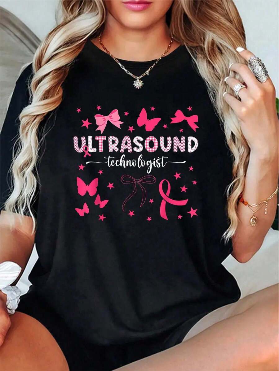 Camiseta unisex de algodón 100% con ultrasonido, coqueta, mes de concienciación sobre el cáncer de mama, camiseta de técnico radiológico, camiseta de manga corta estampada para otoño e invierno - Negro - Ver 1