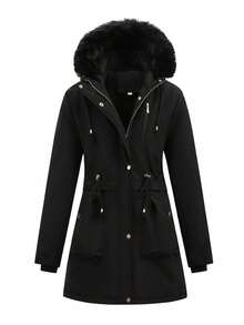 Plus Size Women's Thermal Lined Jacket, Solid Color Mid-Length Hooded Zip-Up With Cinched Waist, Suitable For Outdoor, Camping, Hiking