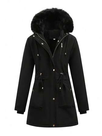 معطف مبطن بالفليس للنساء كبيرات الحجم، لون أحادي متوسط الطول مزود بغطاء للرأس وسحاب، مناسب للخارج والتخييم والتنزه