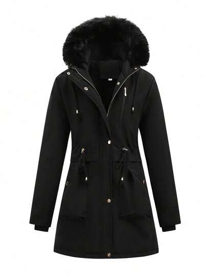 Plusstorlek dam termofodrad jacka, enfärgad medellång huva med dragkedja och åtdragen midja, lämplig för utomhusbruk, camping, vandring