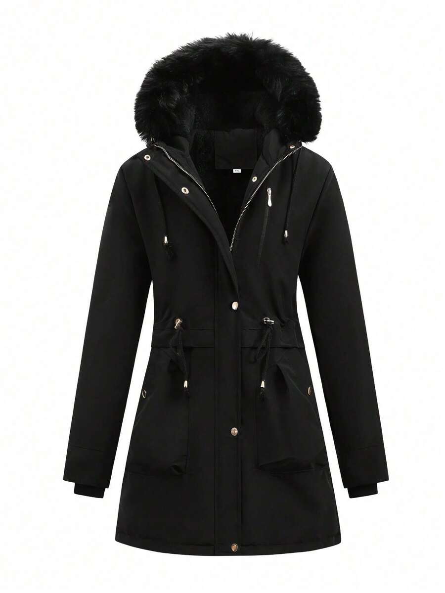 Plus Size Women's Thermal Lined Jacket, Solid Color Mid-Length Hooded Zip-Up With Cinched Waist, Suitable For Outdoor, Camping, Hiking