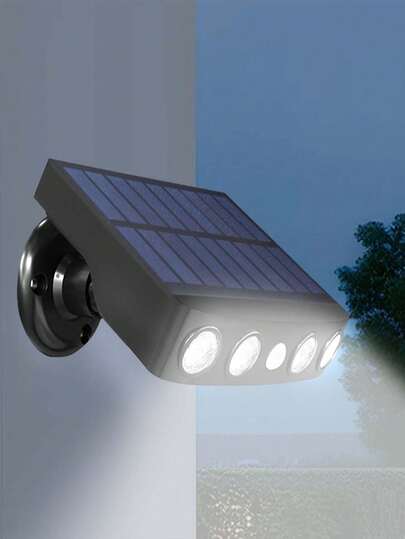 1pc Solar Powered Outdoor Wall Light, Outdoor Garden Solar Light With Motion Sensor, Fake Surveillance Light, Super Bright 4 LED Large Night Light, 5 LED Multi-Function Small Stake/Wall Light, 1200mAh Lithium-Ion Battery Solar Charging, Simulated Security Camera Design, 3 Lighting Modes, No Remote Control Included