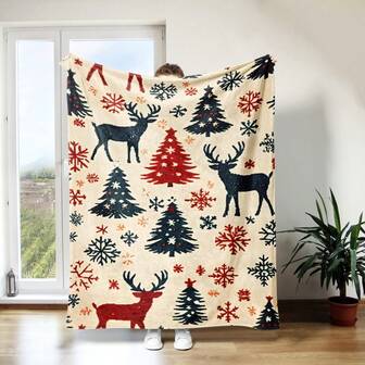 1 pătură de flanel cu tematică de Crăciun - cu modele de reni, brad de Crăciun, fulgi de zăpadă, plină de atmosferă festivă de Crăciun. Poate fi folosită ca așternut de pat, canapea de birou, camping, decor de Crăciun pentru casă sau articol cald portabil, transmițând spiritul vesel și liniștit al Crăciunului.