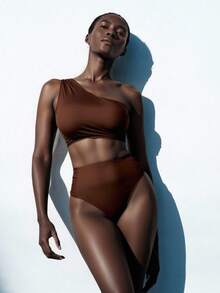 SHEIN Summer Beach Solid Color Asymmetric One Shoulder Bra & Swim Bottom Bikini Set Carnival Bathing Suit - Coffee Brown - View 2
