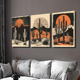 3 piezas Impresiones de arte en lienzo con atardecer y cactus del desierto, enmarcadas en madera de pino, estilo clásico moderno art decó, decoración de pared de paisaje de tinta para el hogar, oficina, sala de estar, dormitorio, restaurantes, uso interior y exterior, temporada de primavera/verano