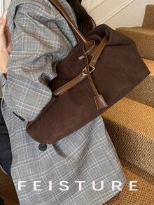 1 件全新灯芯绒面料肩带装饰大容量单肩包，磁扣，适合日常外出、约会、通勤 - 咖啡 - 查看 7