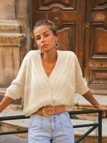 Cárdigan de punto casual de manga larga con cuello en V, hombros caídos y un solo botonadura, de estilo hueco, para otoño