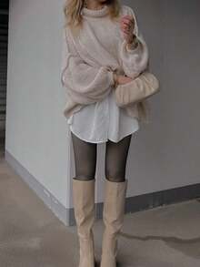 Women Casual Long Sleeve Fall Sweaters High Neck Solid Color Soft Ribbed Knitted Oversized Pullover Loose Fit Jumperih - Khaki - View 4