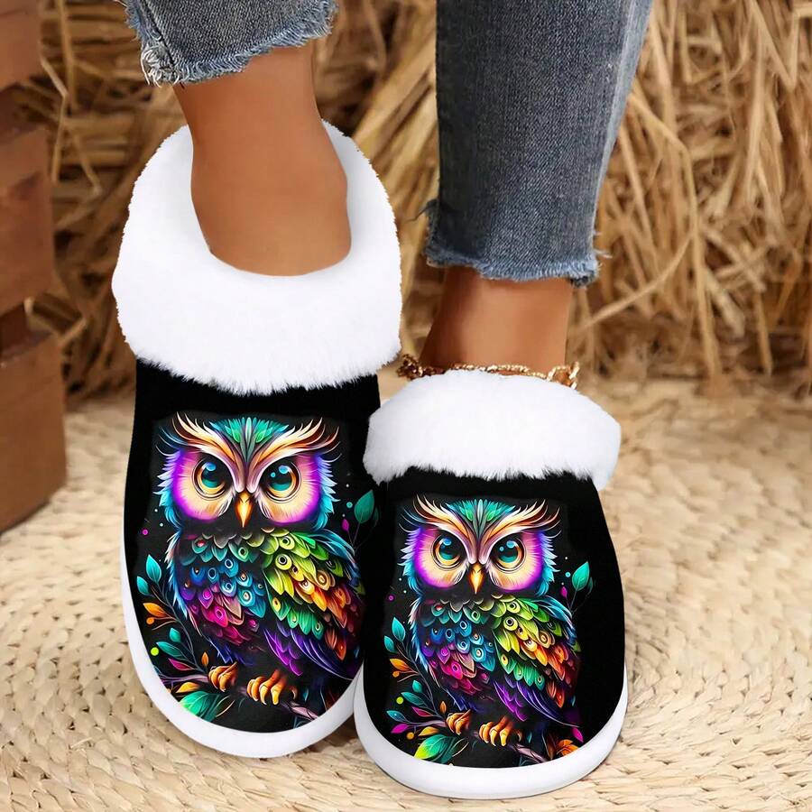 Women's All-Season Slip-On Slippers With Owl Print - Soft Fabric Indoor House Shoes, Warm Winter Comfort & Non-Slip Sole For Home Use, Cute Slippers, Cozy Footwear, Casual Style, Plush Lining, Relaxation Wear, Shoe, Spring Summer Picks, Brides Maid Gifts, Room, Bedroom Decor, Bedroom Decor, Beach, Travel, For Men, For Women, Vacation - Multicolor - View 1