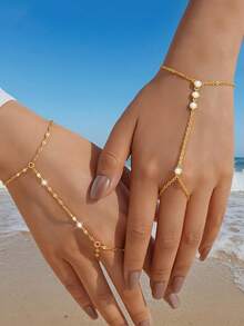 1pc Gold Hand Chain Bracelets For Women 14k Gold Plated Cubic Zirconia Link Chain Bracelet Set, Ring Bracelet Hand Chain Jewelry For Her,Birthday Gifts, Fashion Jewelry Gifts