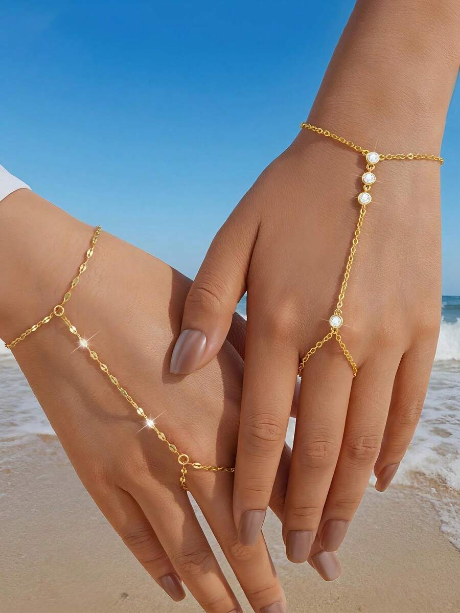 1pc Gold Hand Chain Bracelets For Women 14k Gold Plated Cubic Zirconia Link Chain Bracelet Set, Ring Bracelet Hand Chain Jewelry For Her,Birthday Gifts, Fashion Jewelry Gifts