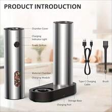 Rechargeable Pepper Grinder Set Electric Salt Shakers With Dual Charging Base, Upgraded Stainless Steel, Adjustable Coarseness & LED Light - Silver - View 6