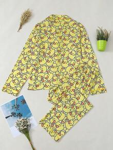 Women's Cute Duck Pajama Set, Long Sleeve Button Front Top & Pants, Soft Woven Fabric, Casual Home Wear For Spring & Fall - 黃色 - 查看 2