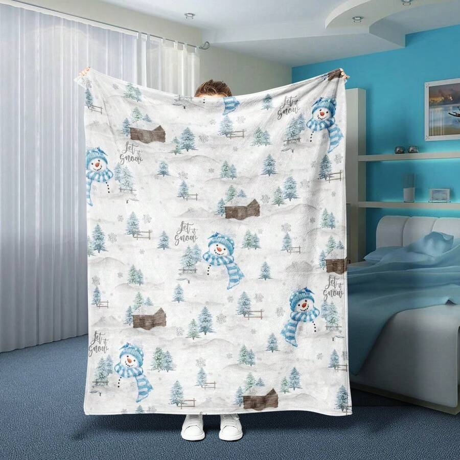 1 pieza Manta de franela con escena navideña de paisaje nevado, con estampado de muñeco de nieve azul, árbol de pino, copos de nieve, casa de nieve y colinas, manta suave y acogedora, adecuada para sofá, cama, coche, oficina, camping y viajes - Un regalo perfecto para todo el año para la familia, un regalo de Navidad ideal