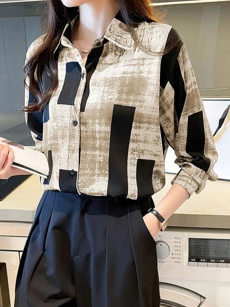女士休闲通勤撞色印花长袖衬衫（春季款） - 咖色 - 查看 1