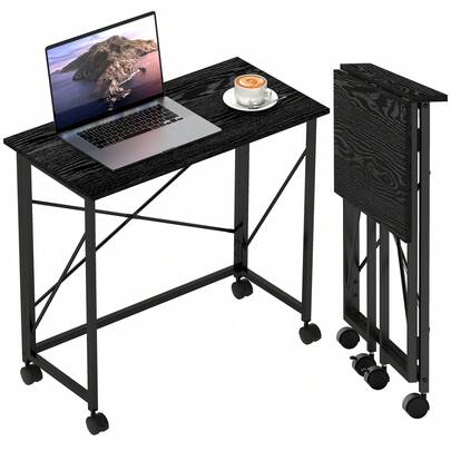  HOMCOM Small Folding Desk, 80 Cm Foldable Computer Desk On Wheels For Small Space, Easy Assembly, Space Saving Writing Table For Home Office, Bedroom, Black