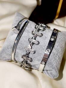 4pcs Luxury Stainless Steel Rhinestone Clover & Star Bangle Bracelet Set, Vintage Elegant Jewelry Suit For Women, Suitable For Daily Wear, Gift, Party, Fashionable Christmas Present - Gold - View 14