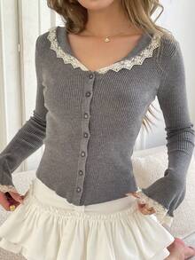 YIU 女士灰色长袖罗纹针织开衫，蕾丝边饰，休闲约会皆宜，优雅独特的叠穿单品，春新年必备，新品上市 - 灰色 - 查看 3