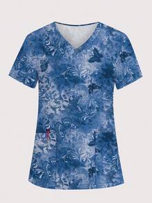 Women's V-Neck Loose Short Sleeve Butterfly Print Dual Pocket Scrubs Nurse Scrubs Workwear Dentist Healthcare Pet Hospital Laboratory Top - Multicolor - View 1