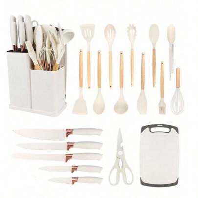 Kit de Utensilos Para Cocina, 19 piezas de Utensilos Para Cocina, Incluye Soporte, Sets de Cuchillos, Espatulas, Pinzas, Tabla Para Cortar, Tijeras y Batidor, Utensillos de Cocina, Material De Silicon, Espatulas Para Cocinar, Base y Soporte Para Cuchillos, Cocina y Comedor